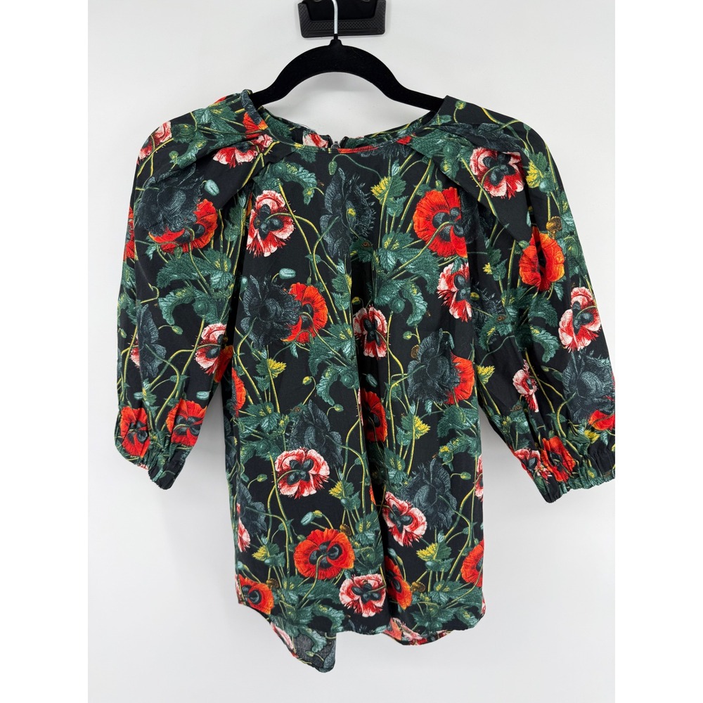 H&M Floral Poppy Print Puff Shoulder Blouse Black Red Green Size 8